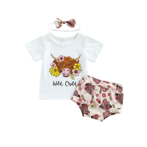 Baby Girls 3PCS Pants Suit Short Sleeve Flower Cow Head Crew Tees High Waist Triangle Pants Bow Headband Summer Outfits