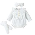 thumbnail image 1 of Baby Girls 3Pcs Fall Outfits, 3 6 9 12M Long Sleeve Button Front Ruffle Romper + Socks + Headband Set, 1 of 10
