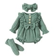thumbnail image 1 of Baby Girls 3Pcs Fall Outfits, 3 6 9 12M Long Sleeve Button Front Ruffle Romper + Socks + Headband Set, 1 of 10