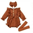 thumbnail image 1 of Baby Girls 3Pcs Fall Outfits, 3 6 9 12M Long Sleeve Button Front Ruffle Romper + Socks + Headband Set, 1 of 2