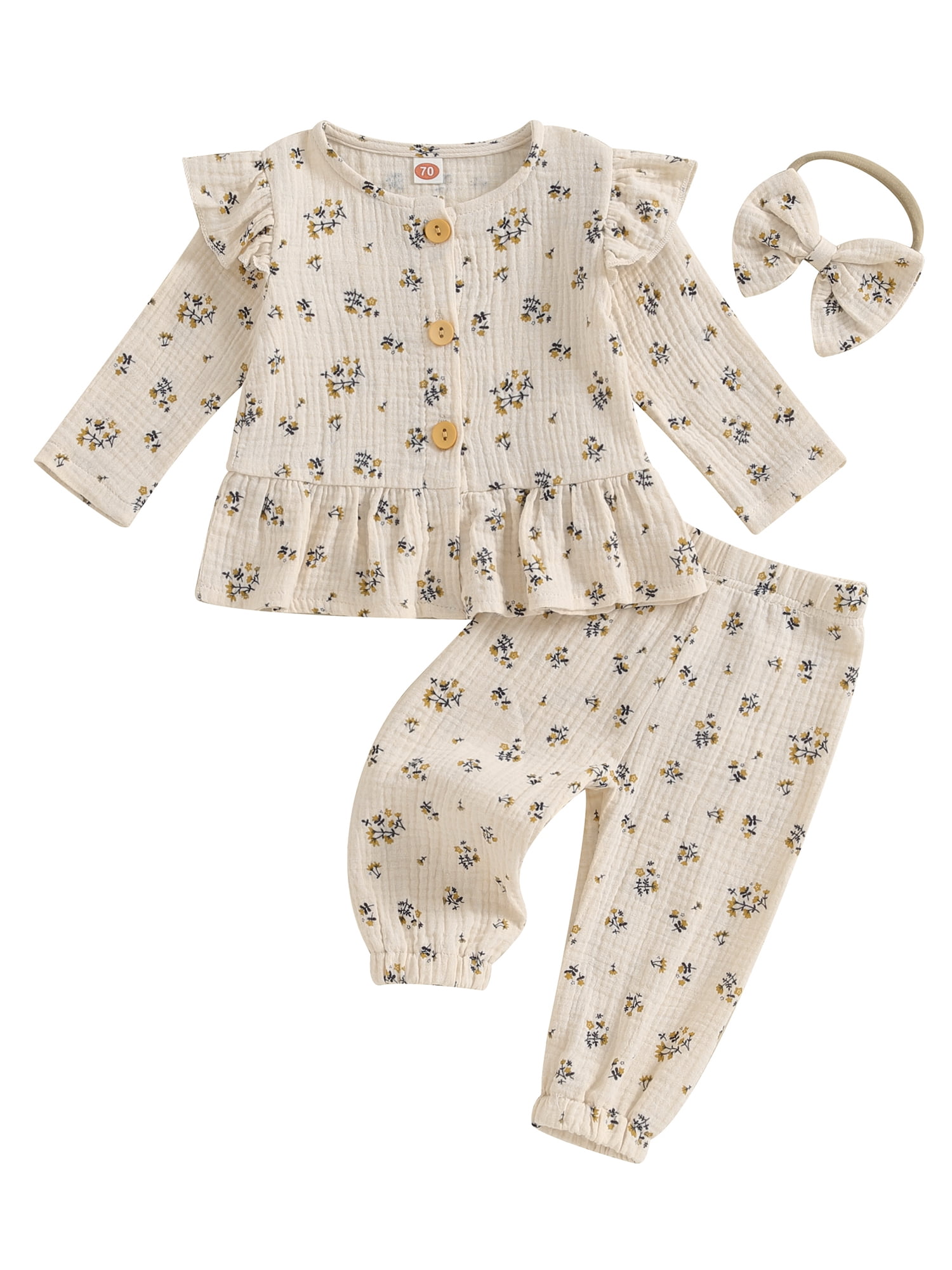 Baby Girls 3Pcs Fall Outfits Long Sleeve Floral Button Down Tops