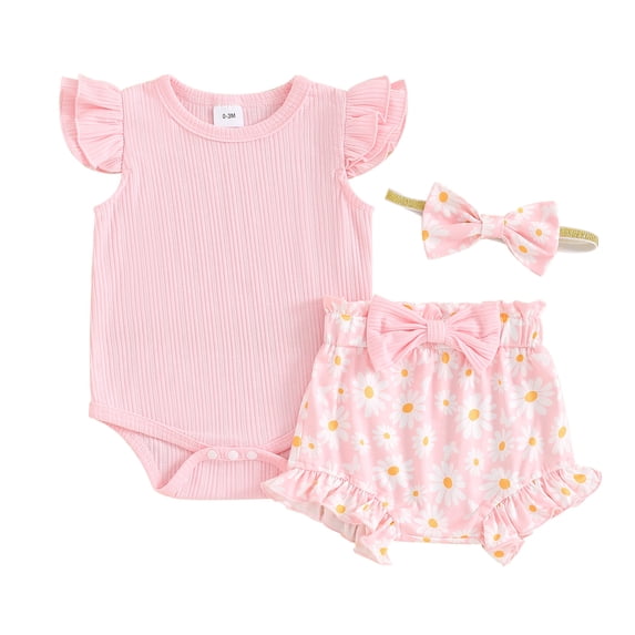 Baby Girls 3Pcs Summer Outfit Fly Sleeve Romper + Bow Front Shorts + Headband Set Newborn Clothes
