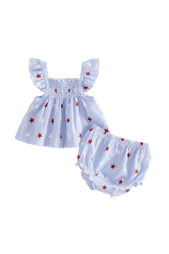 Baby Girls 4th of July Outfits Striped Star Print Fly Sleeve Ruffle Tank Tops Dress Bloom Shorts Set Cute Summer Clothes 0-24M