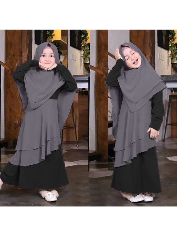 Baby Girls' Abaya With Hijab Full Length Robe Burka Maxi Little Kid Toddler Baby Girl Color Block Dresses