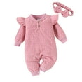thumbnail image 1 of Baby Girls Autumn Crew Neck Romper Long Sleeve Ruffle Letter Print Jumpsuit with Headband, 1 of 10