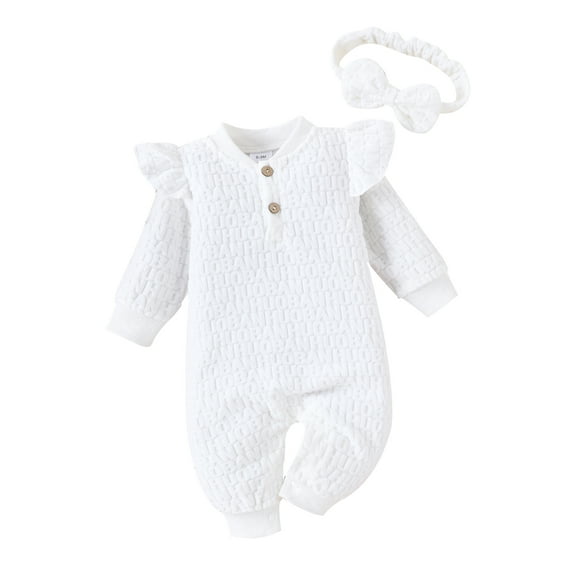 Baby Girls Autumn Crew Neck Romper Long Sleeve Ruffle Letter Print Jumpsuit with Headband
