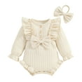 thumbnail image 1 of Baby Girls Autumn Ruffle Romper Long Sleeve Crew Neck Button Up Romper with Headband, 1 of 10