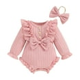 thumbnail image 1 of Baby Girls Autumn Ruffle Romper Long Sleeve Crew Neck Button Up Romper with Headband, 1 of 10