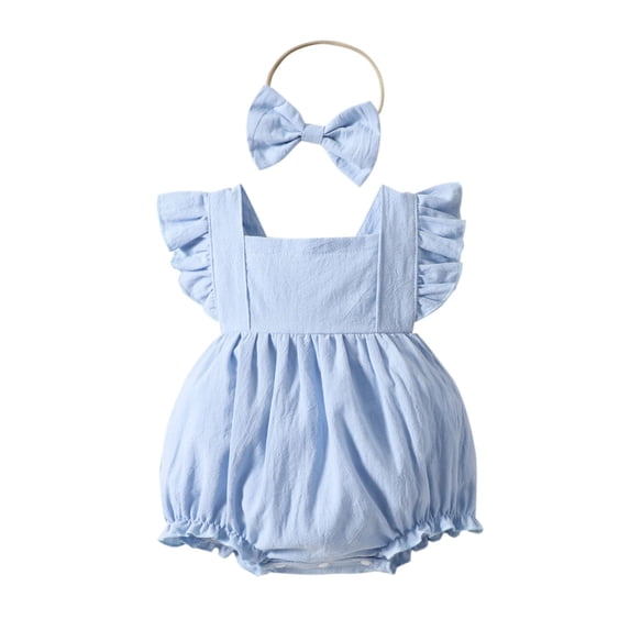 Baby Girls Backless Flutter Sleeve Romper Bodysuit with Headband 2-Piece Set Solid Outfits