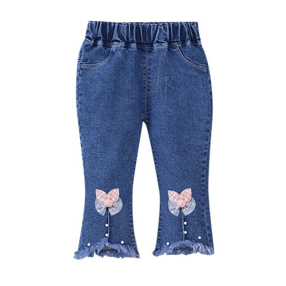 Baby Girls Baggy Jeans Cute Bowknot Embroidered Denim Elastic Waist Joggers Sweatpants Kids Hem Pants Pink 4-5 Years