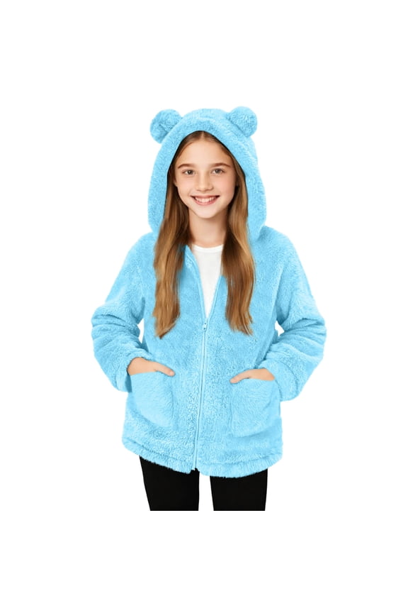Baby Girls Bear Ears Fleece Jacket Kids Long Sleeve Zip Up Fall Winter Fuzzy Sherpa Outwear Coat with Pockets
