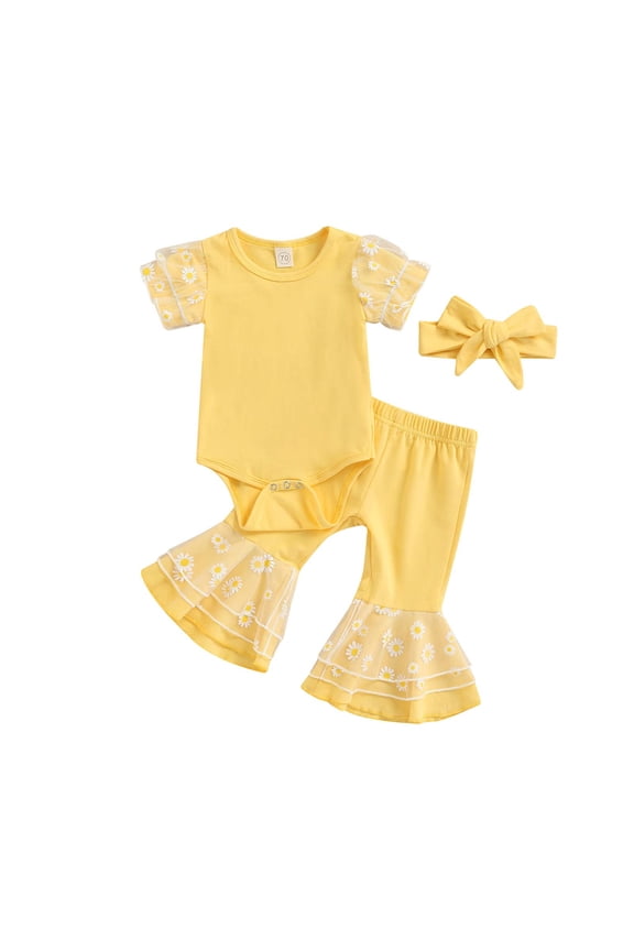 Baby Girls Bell Bottoms 3Pcs Daisy Outfits 3M 6M 12M 18M Mesh Patchwork Playsuit Flared Pants Headband