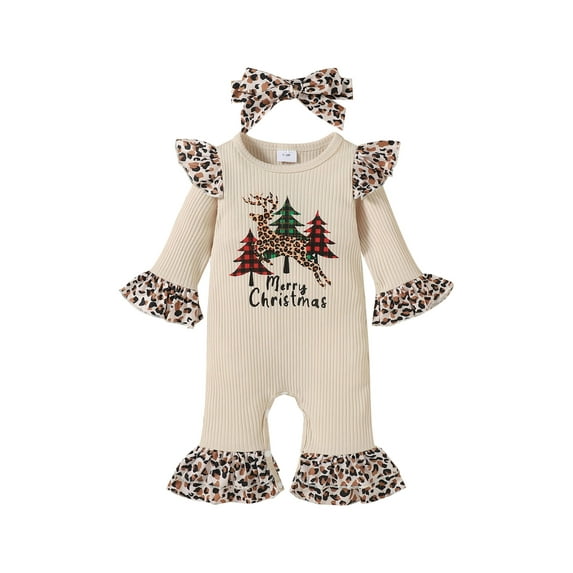 Baby Girls Bell Bottoms Jumpsuit Long Sleeve Knit Romper Bodysuit with Headbands Christmas Outfits