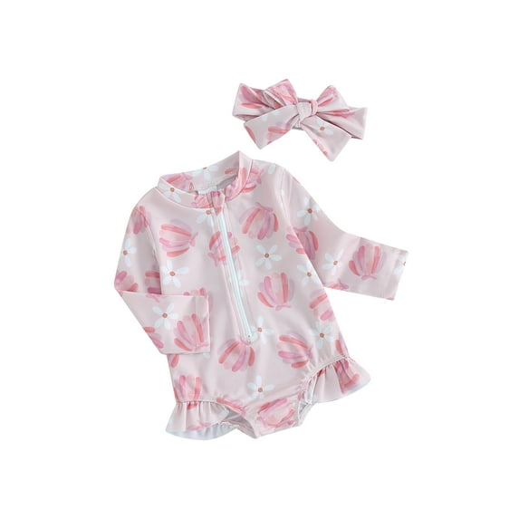 Baby Girls Bikini Beach Swimwear Floral/Ice Cream Print Long Sleeve Zip Up Bathing Suit
