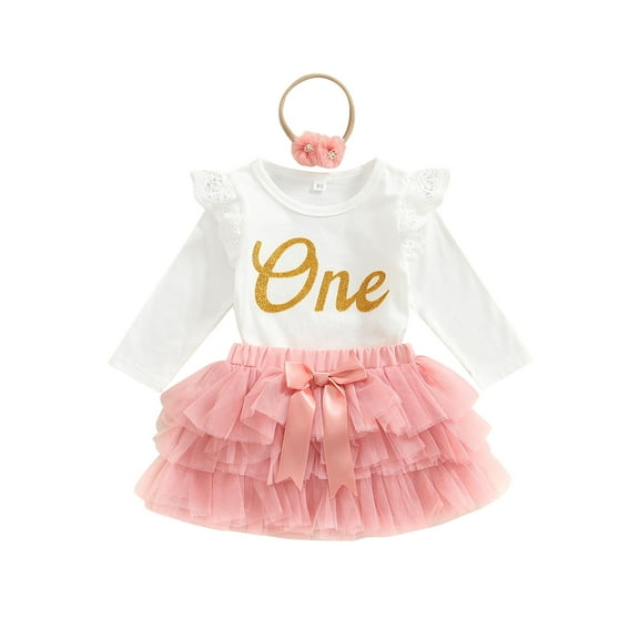 Baby Girls Birthday One Year Birthday Clothes Set 6M 12M 18M Long Sleeve Letter One 100% Cotton Bodysuits Layered Mesh Skirt Headband