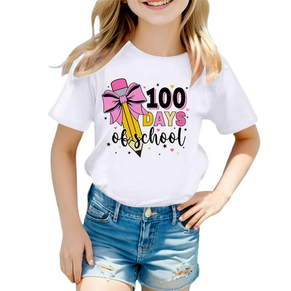 Baby Girls' Blouses Crew Neck Graphic Print Girls' Tees Short Sleeve Children's Fashion Back To School Shirt Toddler Clothes for Girls 4-5 Years(White)