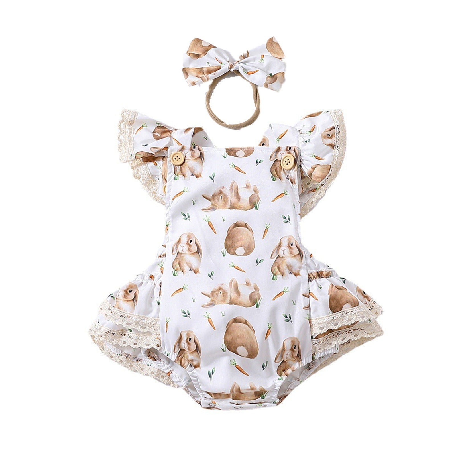 Baby Girls Bodysuits Easter Ruffled Cute Cartoon Bunny Print Romper