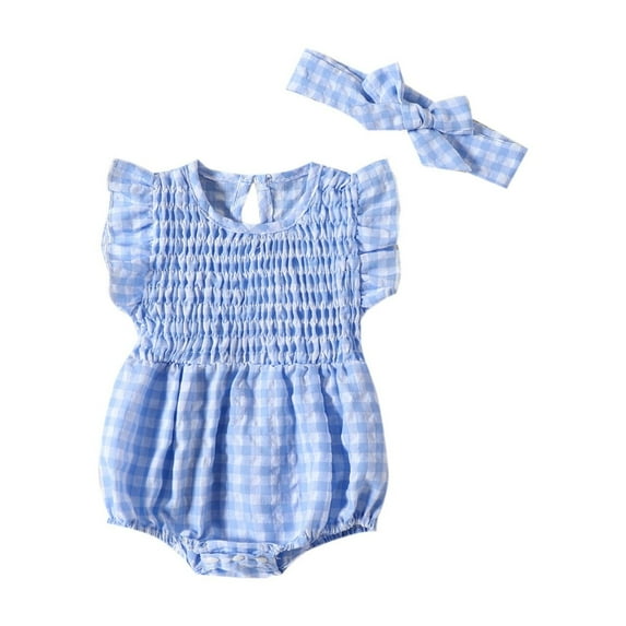 Baby Girls Bodysuits Round Neck Fly Sleeve Plaid Jumpsuit With Bow Hair Band Baby Girls Soft And Comfortable Everyday Wear Bodysuits,0 -3 Months