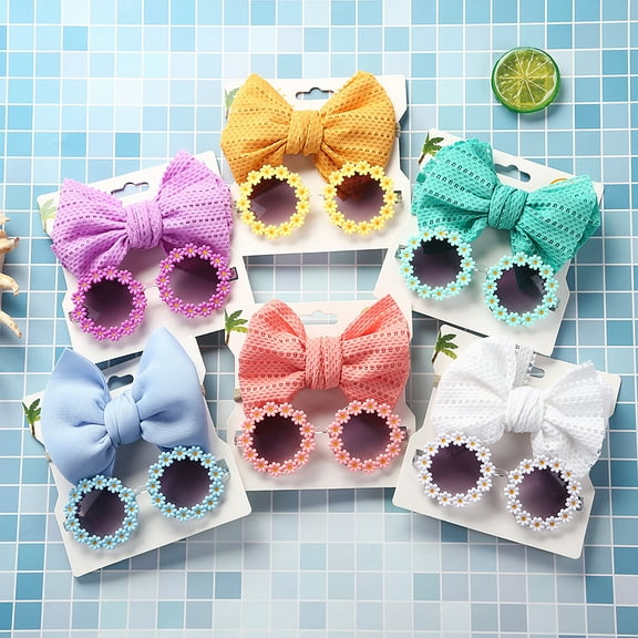 Baby Girls Bow Headband & Flower Sunglasses Set Elastic Baby Hairband Cute Round Daisy Glasses Bow Hair Accessories