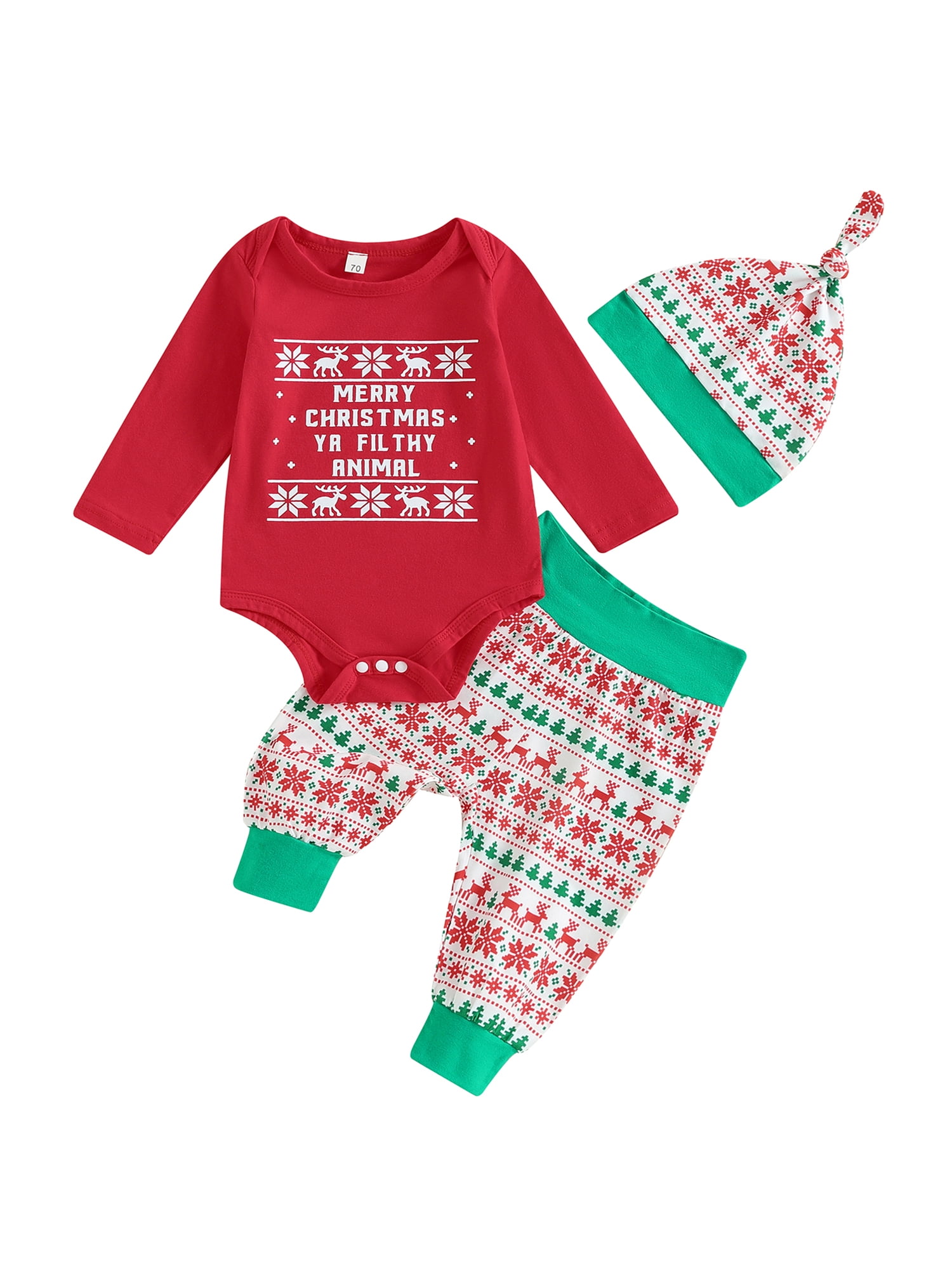 Baby Girls Boys Christmas Outfits Rompers Long Pants Hat Set