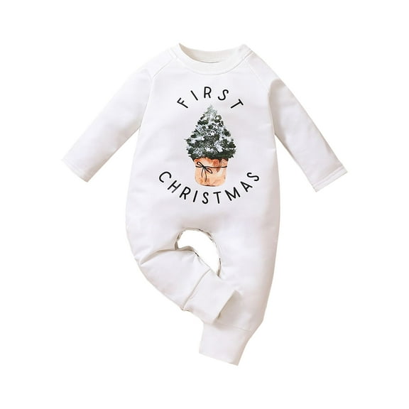 Baby Girls Boys Christmas Romper Infant 3 6 12 18M Letter Christmas Tree Print Round Neck Long Sleeve Jumpsuits