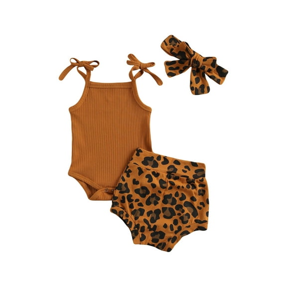 Baby Girls Boys Clothes Sets Leopard Print Sleeveless Knit Solid Romper Shorts Headband