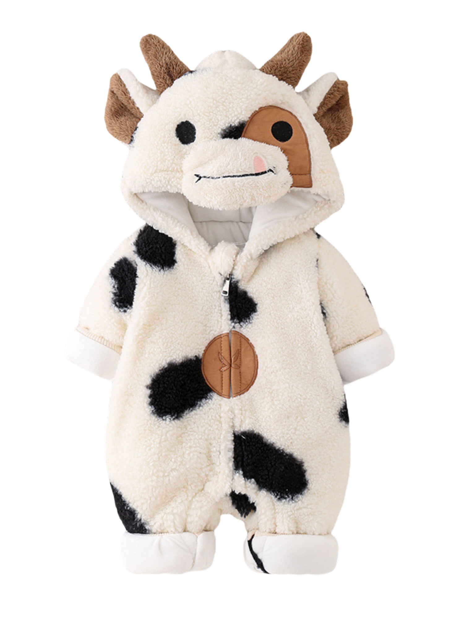 Baby Girls Boys Cow Hoodie Plush Jumpsuit Long Sleeve Cartoon Cow Zipper Romper Halloween Cow Costume Winter Clothes