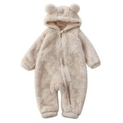 KAGAYD Baby Girls Boys Cute Solid Long Sleeves Cartoon Bear Ears Footed Hooded Zipper Romper Warm Footie Jumpsuit Sleeper Pajamas Outfits For 12-18 Months