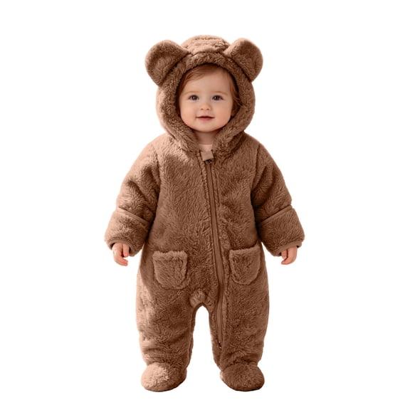 Baby Girls Boys Double Fleece Bodysuit Hoodies Bear Style Cute Footie Furry Jumpsuit Winter Warm Zip Onesis with Pockets Brown 6-9 Months
