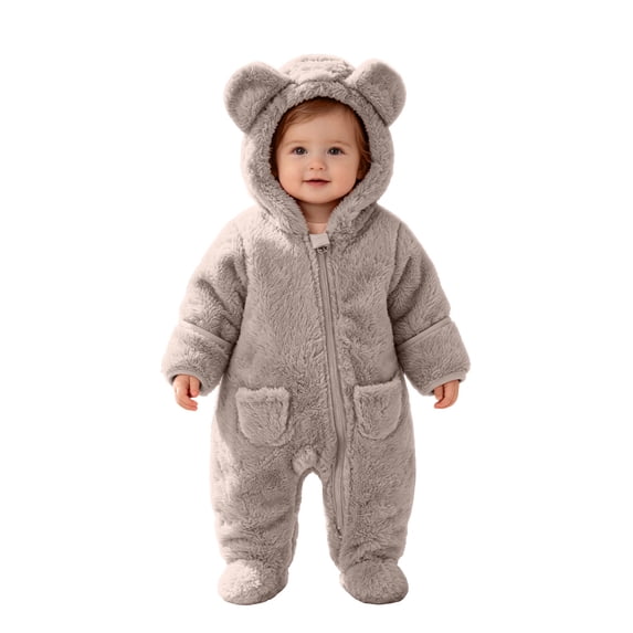 Baby Girls Boys Double Fleece Bodysuit Hoodies Bear Style Cute Footie Furry Jumpsuit Winter Warm Zip Onesis with Pockets Dark Gray 12-18 Months