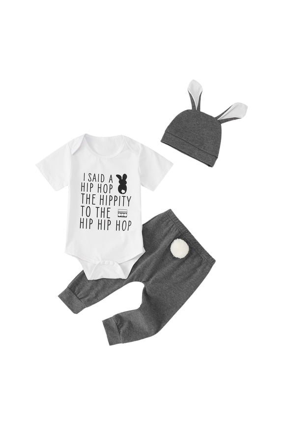 Baby Girls Boys Easter Outfits My 1st Easter Romper Bodysuit Solid Bunny Pants Hat 3Pcs Clothes Set