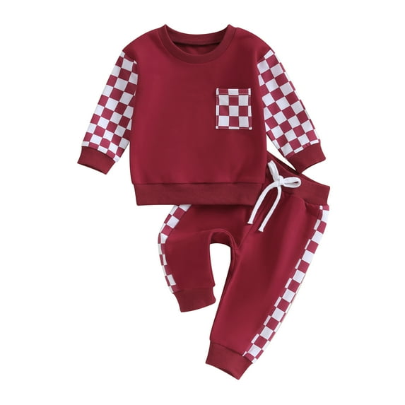 Baby Girls Boys Fall Outfits 6 12 18 24M Checkerboard Print Patchwork Long Sleeve Crew Neck Sweatshirts Long Pants 2Pcs Clothes Set