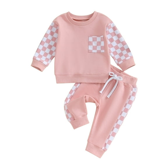 Baby Girls Boys Fall Outfits 6 12 18 24M Checkerboard Print Patchwork Long Sleeve Crew Neck Sweatshirts Long Pants 2Pcs Clothes Set