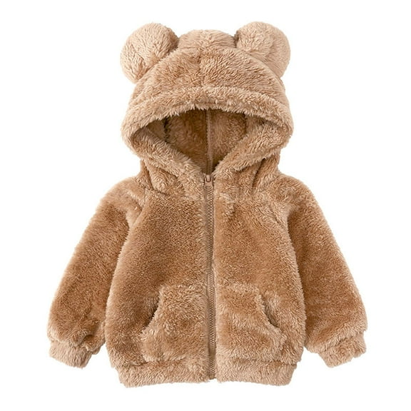 Baby Girls Boys Full Zip Up Fleece Sherpa Hooded Jacket Coat With Ear Kids Winter Long Sleeve Solid Thick Outerwear Snowsuit Brown 9-12 Months