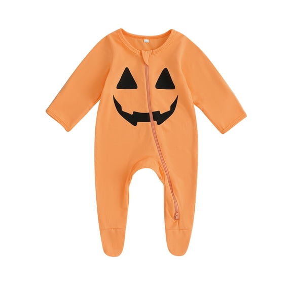 Baby Girls Boys Halloween Clothes Pumpkin Face/Skeleton Footies Rompers One Piece Long Sleeve Bodysuit Fall Outfits