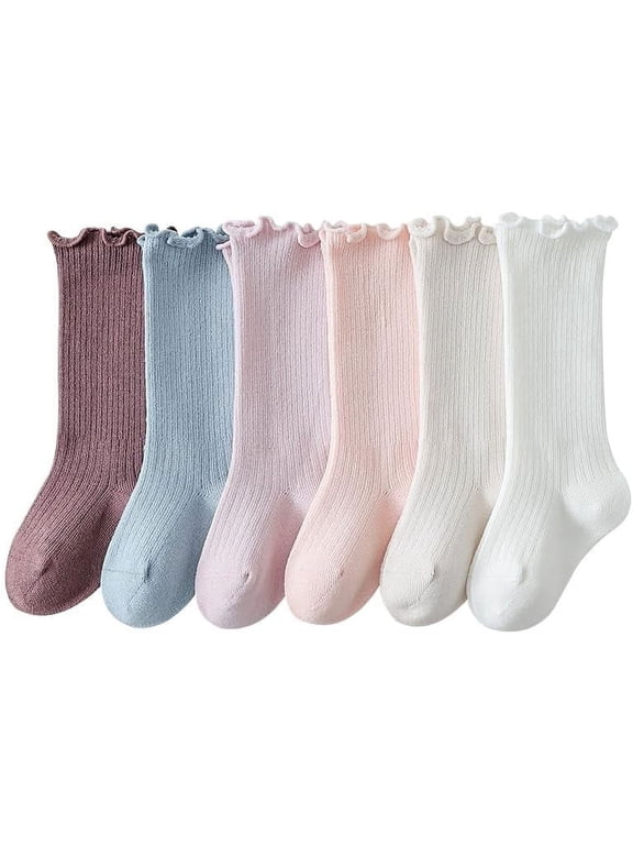 Baby Girls Boys Knee High Socks Newborn Infants Toddlers Cotton Stockings with Ruffle 6 Pairs