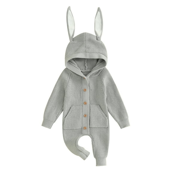 Baby Girls Boys Knit Rompers Bunny Ears Hooded Buttons Long Sleeve Spring Toddler Jumpsuits Bodysuits Easter Clothes