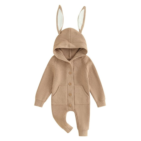 Baby Girls Boys Knit Rompers Bunny Ears Hooded Buttons Long Sleeve Spring Toddler Jumpsuits Bodysuits Easter Clothes
