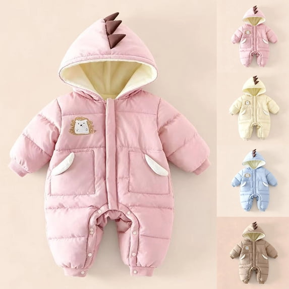 Baby Girls Boys Long Sleeve Warm Romper Dinosaur Hooded Fleece Lined Jumpsuit Comfortable Snowsuit for Outdoor