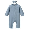 thumbnail image 1 of Baby Girls Boys Rompers Solid Color Buttons Crew Neck Long Sleeve Jumpsuits Spring Toddler Bodysuits with Headband, 1 of 10