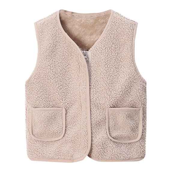 Baby Girls Boys Sherpa Fleece Vest Toddler Lightweight Cute Fall Winter Warm Sleeveless Cardigan Outerwear Soft Waistcoat Jacket with Pockets Beige 5-6 Years