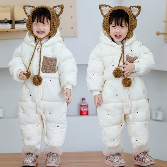 Baby Girls Boys Snowsuit Cute Down Coat Hooded Romper for Toddler Boys Girls Winter Thick Jacket Solid Color Long Sleeve Winter Jumpsuits for Toddler Girls 12-18 Months