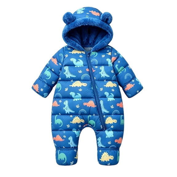 Baby Girls Boys Snowsuit Winter Zip Hooded Infant Fleece Lined Warm Cute Print Jumpsuit Bear Ear Onesis Bodysuit Blue 6-9 Months