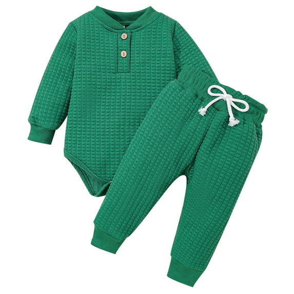 Baby Girls Boys Winter Long Sleeve Solid Thickened Warm Romper Tops Pants 2Pcs Outfits Clothes Set Green Outwear For Toddler 12 Months-18 Months