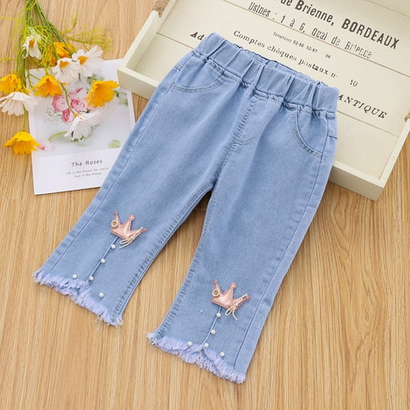 Baby Girls Capri Denim Pants Toddler Kid Pants Jeans Soft Elastic Waist Denim Pants Preppy Clothes for Girls 18-24 Months