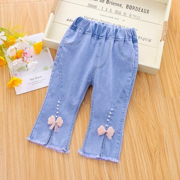 Baby Girls Capri Denim Pants Toddler Kids Pants Jeans Soft Elastic Waist Denim Pants Girls Fashion 18-24 Months