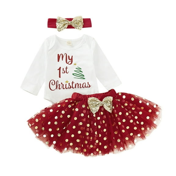 Baby Girls Casual Clothes Set, 3 6 12 18M Christmas Print Romper Tutu Skirt Bowknot Headband