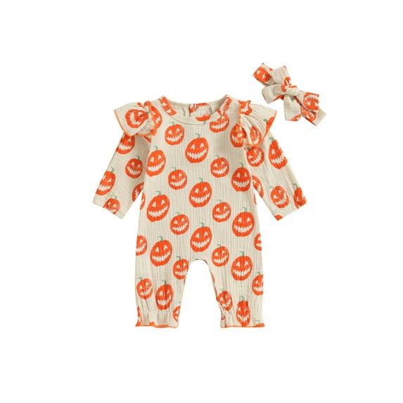 Baby Girls Casual Crew Neck Romper Long Sleeve Pumpkin Print Jumpsuit with Headband