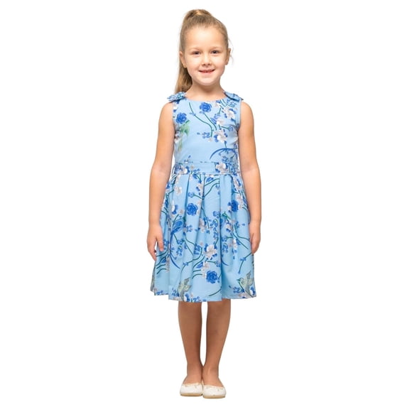 Baby Girls Casual Dress Shoulder Bow Kids Summer Party Sleeveless Dresses in Floral White, Size 11-12