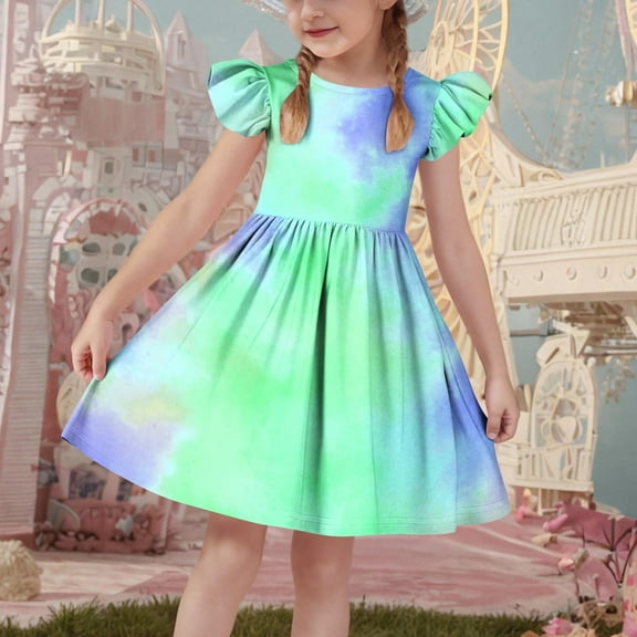 Baby Girls Casual Dresses KkSLirnhs Girls Sleeveless Stretchy Dress A Line Twirly Skater School Recital Dress Short Sleeve Round Neck Dress 12 Years Green